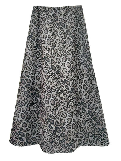 Jupe longue en daim imprimé léopard pour femme - Jupe longue trapèze marron vintage pour femme - Jupes longues en daim chaudes léopard pour l'hiver