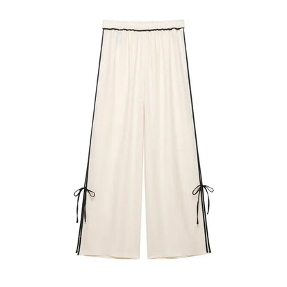 Women's Two Piece Set, Lapel V Neck Blouse with Tie Cuffs and Wide Leg Pants, Casual Trim Detail Outfit
