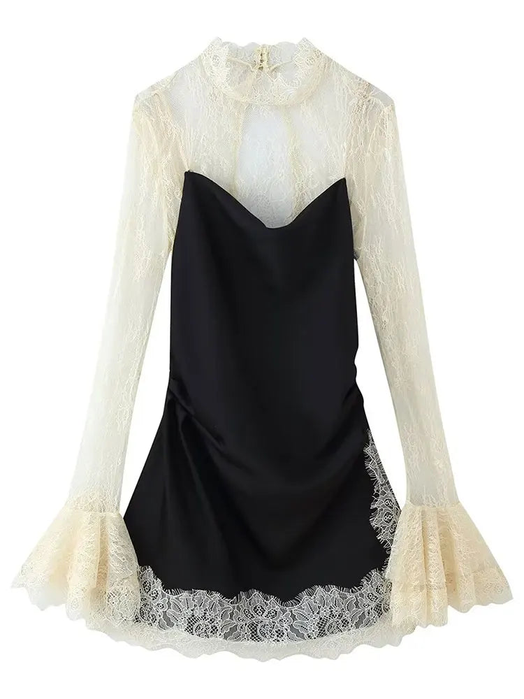 HH 2026 Women Lace Patchwork Mini Dress Vintage Contrast Slim Long Sleeve Dresses Y2k Summer Fashion High Street Lady Chic Dress