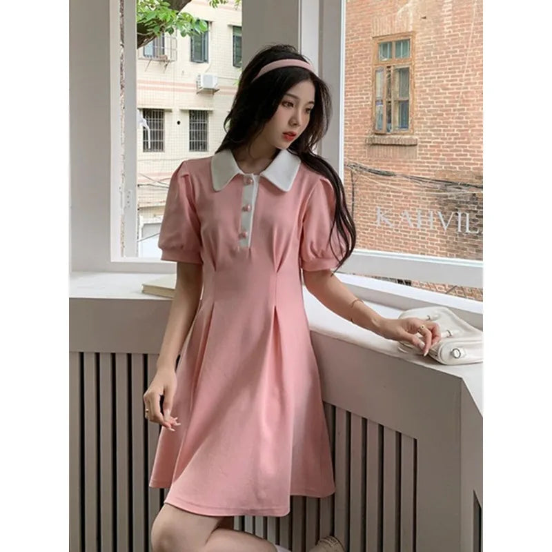 Women's Mini Dress Contrast Polo Collar with Puff Sleeves Pleated Skirt