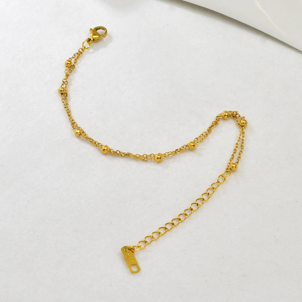 S09 Simple Korean style Double-layer round Ball Small ball Gold bead bracelet, stainless steel gold women's style