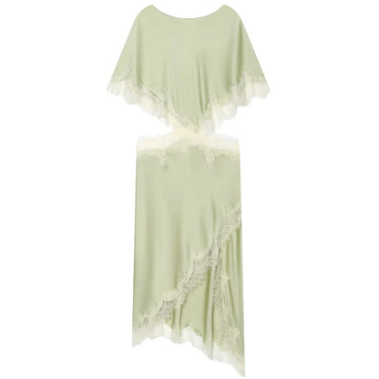 HXAO Asymmetric Satin Lace Dress Women's Dress Summer 2026 Sexy Midi O-Neck Batwing Short Sleeve Cut Out Vestidos Party Dresses