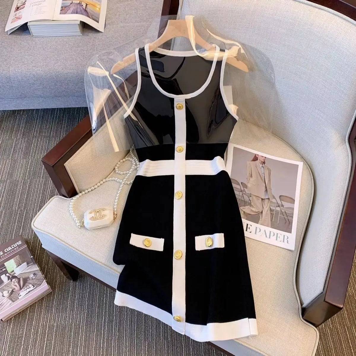 Short Mini Knitted Dress Women Summer Casual Metal Single Breasted Slim Dresses High Waist Elegant O-neck Dress Sleeveless