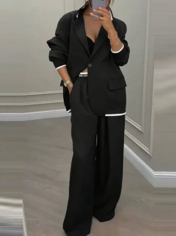Two Piece Set Women Outfit 2025 Spring Autumn New Grey Commuting Notched Collar Long Sleeve Blazer & High Waist Pants Set