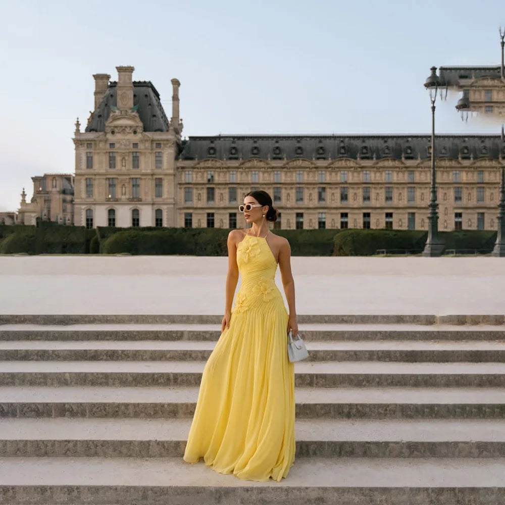 Elegant Party Dress for Women Halter Neck Sleeveless A Line Pleated Chiffon Applique A Line Yellow Long Evening Dress Customized