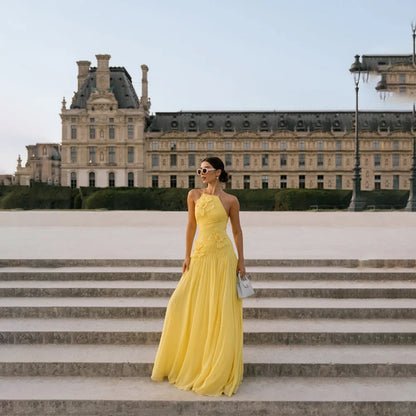 Elegant Party Dress for Women Halter Neck Sleeveless A Line Pleated Chiffon Applique A Line Yellow Long Evening Dress Customized