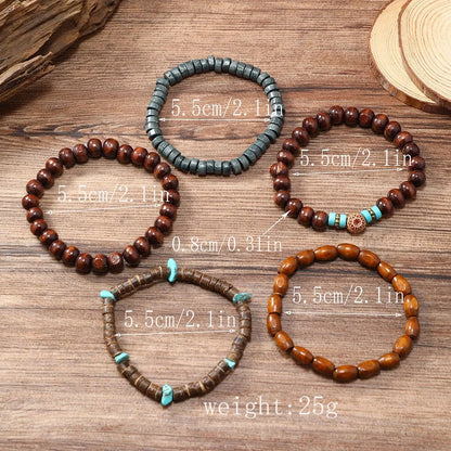 5Pcs Wood Beads Beaded Bracelet Set For Men Women Vintage Wood Beads Elastic Chain Bangle Fashion Daily Party Jewelry