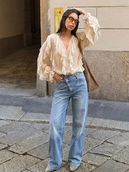 HH Jeans Évasés Taille Croisée Tendance pour Femmes Boutons Asymétriques Taille Haute Jean Baggy en Denim pour Tenues Streetwear et Y2K