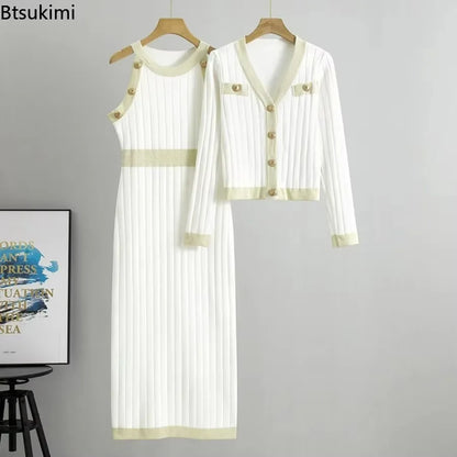 Ensembles de robes de style français pour femmes, taille haute, deux pièces tricotées, pull, robe débardeur et manteaux, mode élégante printemps-automne
