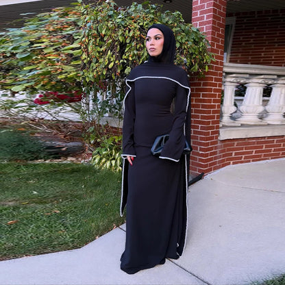 Robe longue Cape avec bordure en perles blanches pour femmes, manches longues, taille cintrée, Abaya musulmane, collection printemps Aïd 2026
