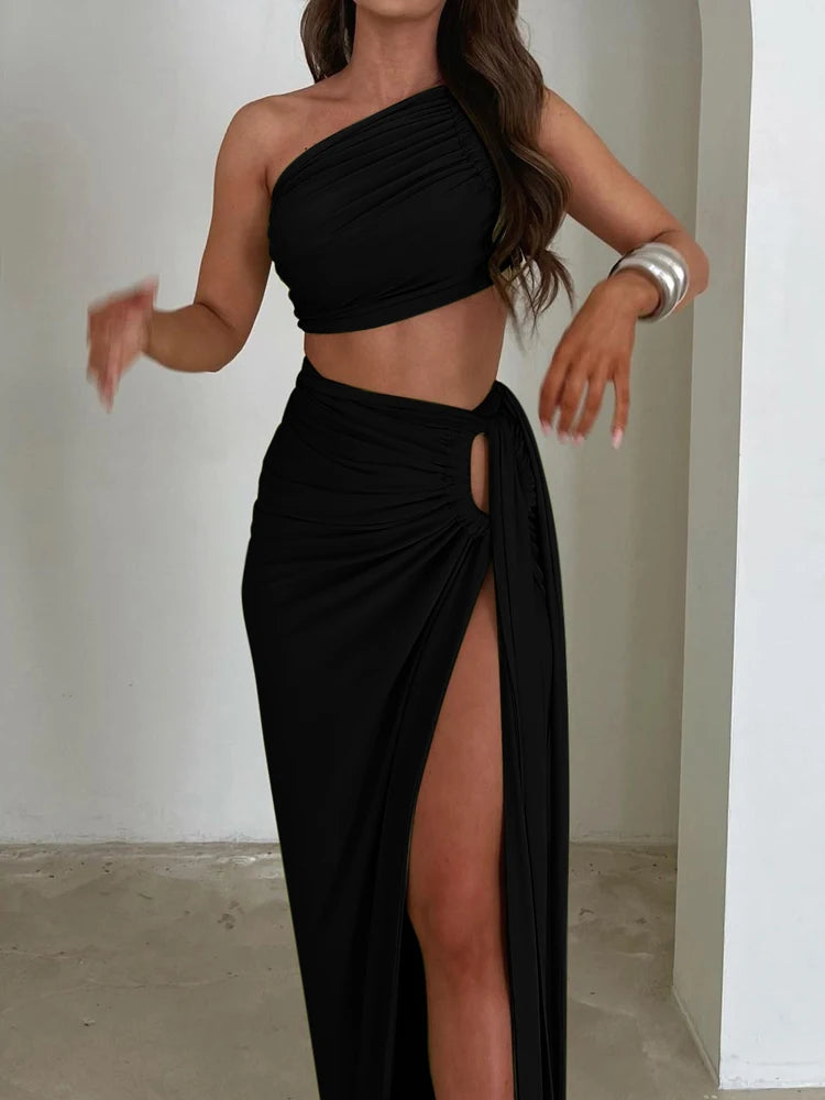 Beyprern Making Wishes Skirt Set Green Ruched Crop Top And Maxi Split Skirt Co Ord Set Women Bandeau Skirt Set Two-Piece Dress