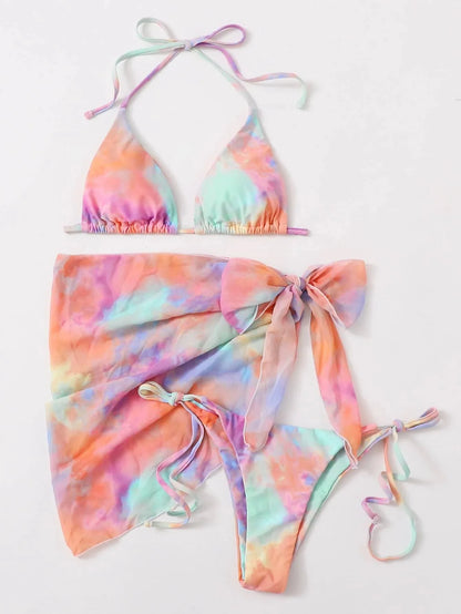 Ensembles de bikinis micro string roses pour femmes 4 pièces avec hauts en maille et jupe maillot de bain tenues de plage biquini