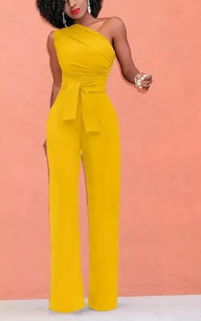 Combinaison Femme Unie Col Asymétrique Crop Top Pantalon Droit Ceinture Sexy Sans Manches Pantalon Ample Élégant Charmant Combinaison 2024