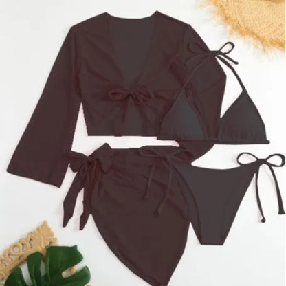 Ensembles de bikinis micro string roses pour femmes 4 pièces avec hauts en maille et jupe maillot de bain tenues de plage biquini
