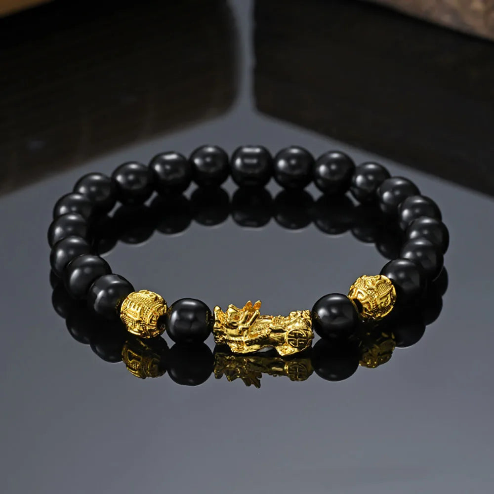 Bracelet Feng Shui de richesse et de chance, bracelet Pixiu Feng Shui en obsidienne noire, prospérité, perles Bouddha, bracelet élastique