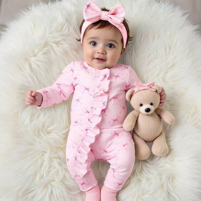 Ylsteed 2Pcs Set Pink Bowknot Newborn Photography Jumpsuit with Pink Bow Headband 100 Days Baby Girl Photoshoot Outfits