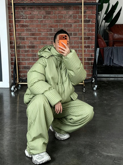 Women Winter Matching Set Multi Color Options Vertical Stripe Hooded Cropped Puffer Jacket Baggy Wide Leg Pants Warm Outfit Sets