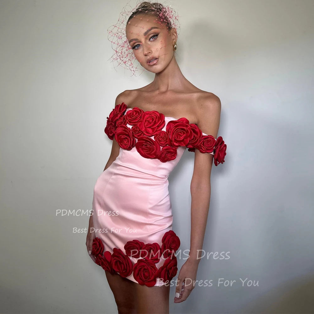 Trendy Pink Short Party Dresses Lady Red Flowers Mini Sexy Cocktail Dress Night Event Prom Gowns Boat Neck Summer Skirt Birthday