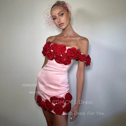 Trendy Pink Short Party Dresses Lady Red Flowers Mini Sexy Cocktail Dress Night Event Prom Gowns Boat Neck Summer Skirt Birthday