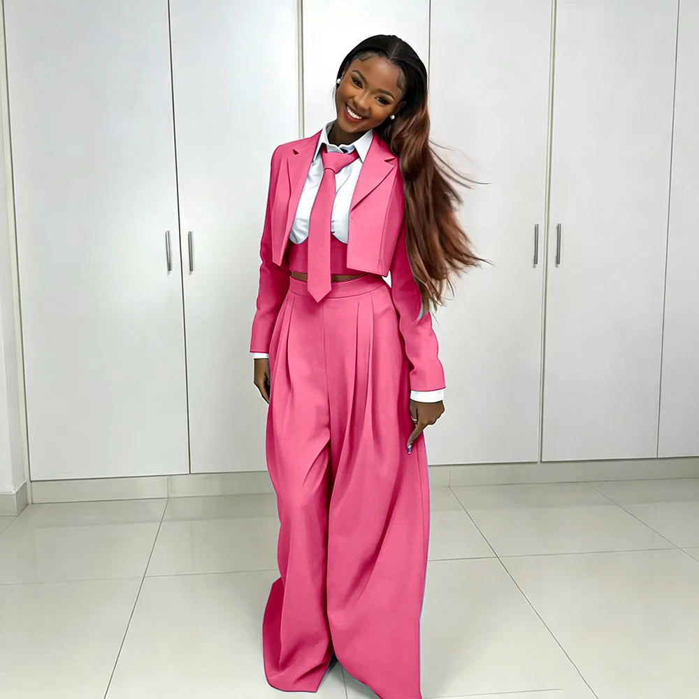 Women's Red Suit Two Piece Set Short Blazer+Wide Leg Pants Elegant Formal Fashion Daily Smart Casual Party Tuxedo Customized