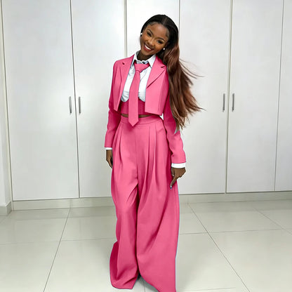 Women's Red Suit Two Piece Set Short Blazer+Wide Leg Pants Elegant Formal Fashion Daily Smart Casual Party Tuxedo Customized