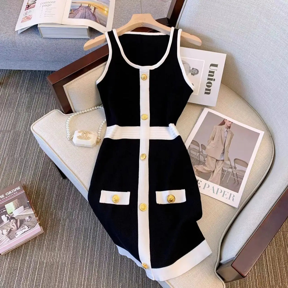 Short Mini Knitted Dress Women Summer Casual Metal Single Breasted Slim Dresses High Waist Elegant O-neck Dress Sleeveless