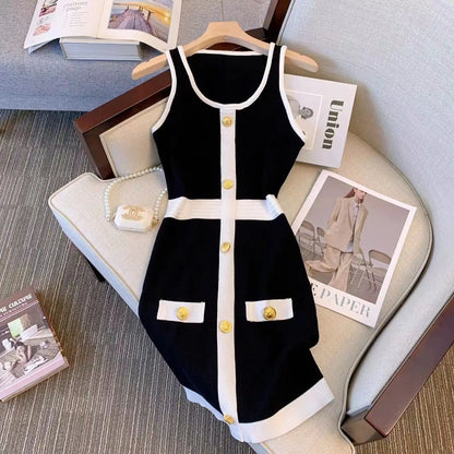 Short Mini Knitted Dress Women Summer Casual Metal Single Breasted Slim Dresses High Waist Elegant O-neck Dress Sleeveless