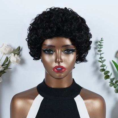 Women's Kinky Curly Human Hair Wig Glueless Full Machine Made Short Pixie Cut Wig Natural Looking Suitable For Party Casual Wear