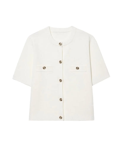 HH Women's Elegant Suit Round Collar Single-Breasted With Short Sleeve Pocket Knitted Top+Elastic Waist Mini Skirt Set