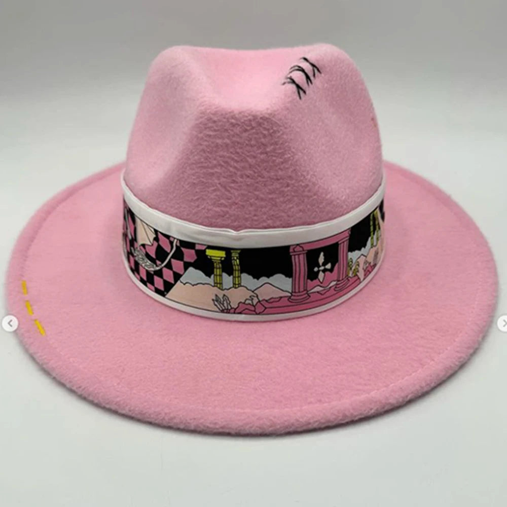 Suede Fedora Painting Felt Hats for Men and Women, Hand Sewn Fedora Adjustable Fall Winter Fashion Party Hats and Gifts