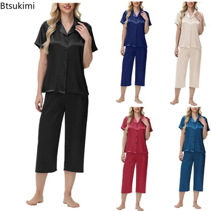 New Women Two-piece Pajama Set Elegant Ice Silk Pajama Set with Button-down Shirt Wide Trousers Homewear Casual Outfit Sleepwear