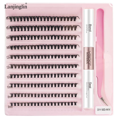 Nouveau kit de cils individuels 10 rangées - Cils groupés naturels longs à faire soi-même avec colle et scellant pour extensions de cils - Outils de maquillage Faux Cils