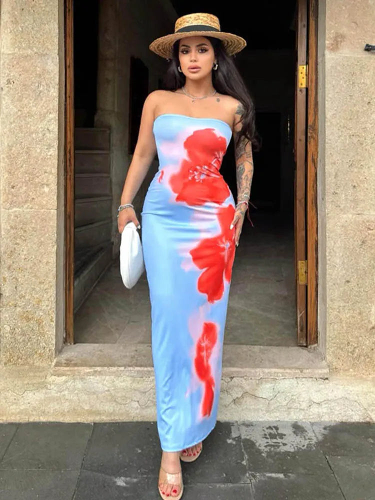 Robe longue sexy sans bretelles à imprimé tube pour femmes, épaules dénudées, dos nu, extensible, longue, robe d'été 2025, vêtements de plage Y2K