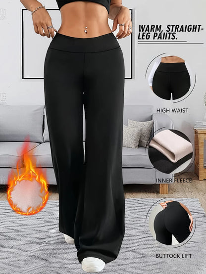 Warm Elegant High Waist Straight Leg Pants Soft Comfortable Fleece Lined Wide Leg Trousers Suitable For Casual And Formal Wear