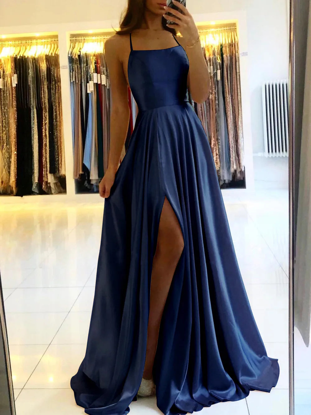Élégante Robe Longue Femme Satin de Plage Sexy Fente Dentelle Robe de Soirée Bal Bretelles Réglables Robes de Demoiselle d'Honneur