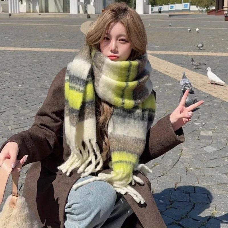 Plaid Scarf Winter New - Faux Cashmere Maillard Style, Korean Warm Vintage Fashion Thick Wrap for Women