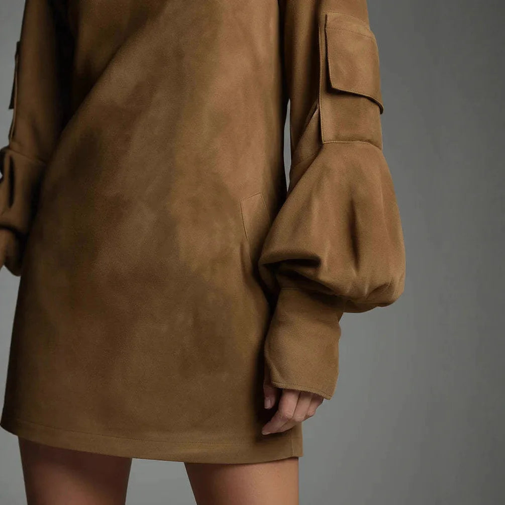 American Retro Fashion Women Dress Suede Business Casual High Collar Long Sleeve Pocket Casual Midi Dresses Streewear Dress