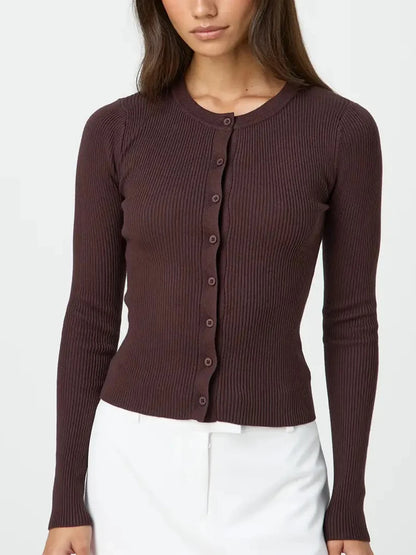 Women's Ribbed Cardigan Tops Spring Fall Solid Color Long Sleeve Round Neck Button Up Cropped Sweaters Female Casual Pullovers