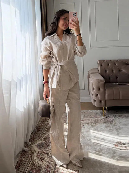 Ensemble décontracté pour femme en lin, 2 pièces, chemise ample à lacets et boutons, pantalon large, collection printemps-été 2026, tenues de vacances pour femme