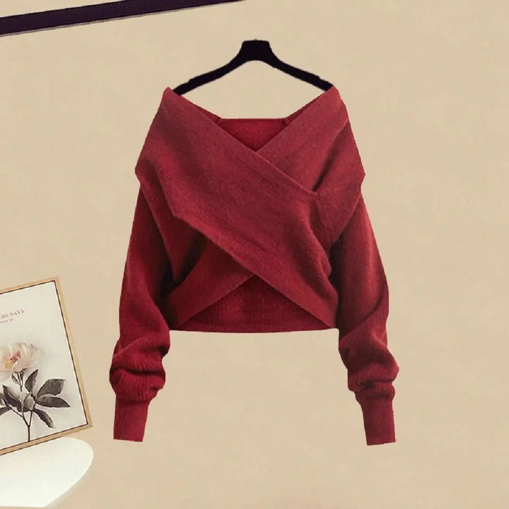Women's Knitted Sweater Skirt Two Piece Set Women Slim Elegant Tops Female Sweater Dress Suits Lady Knitting Outfit