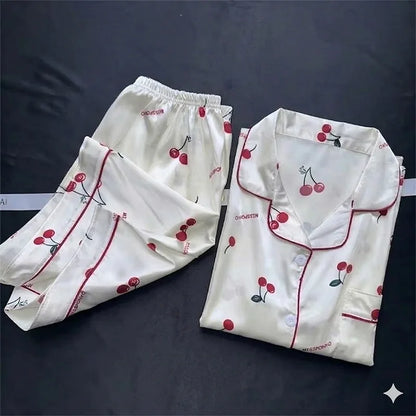 Ensemble pyjama en soie imprimé cerises pour femme, chemise à manches courtes et short, deux pièces, vêtements de nuit, d'intérieur, pour l'été.