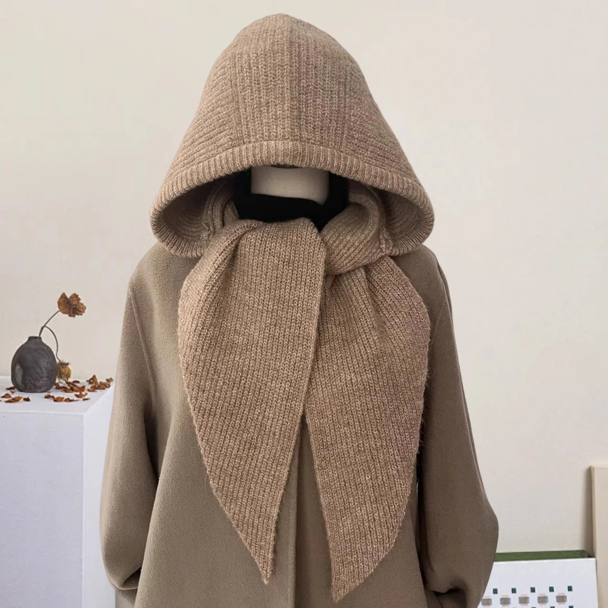 Womens Ribbed Knitted Skullies Hat with Scarf Stylish Solid Color Hooded Scarf for Winter Spring Fall