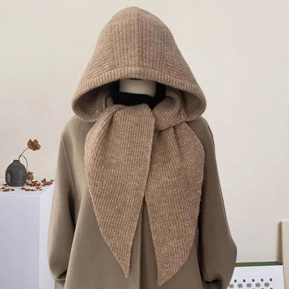 Womens Ribbed Knitted Skullies Hat with Scarf Stylish Solid Color Hooded Scarf for Winter Spring Fall