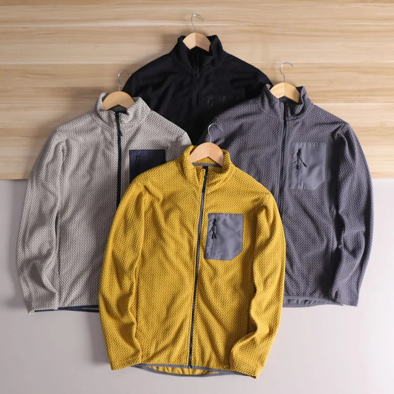 Outdoor Jacket, Casual, Fishing, Cycling, Camping, Hiking, Mountaineering, Trekking, Wave Pattern, Stand-up Collar Fleece Jacket