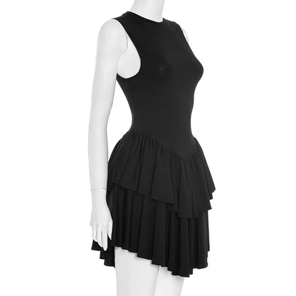 Women Mini Dress Women Elegant Sexy Solid Sleeveless Round Neck Nipped Waist Backless Evening Party Bubble Black Short Dresses