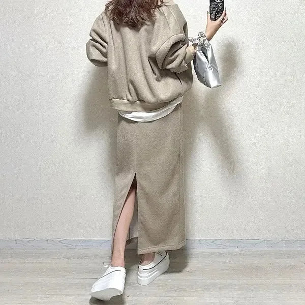 Women Two Piece Sets Skirt Set Full Sleeve Ribbed Neck Tops Plain Skirts A Line Elastic Waist Y2k Streetwear Elegant Work Spring