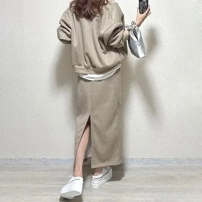 Women Two Piece Sets Skirt Set Full Sleeve Ribbed Neck Tops Plain Skirts A Line Elastic Waist Y2k Streetwear Elegant Work Spring