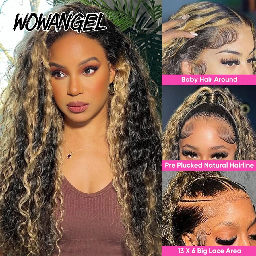 Highlight Water Wave 1B/27 Wig 100% Human Hair 13x6 HD Lace Full Frontal Wig Ombre Honey Blonde Colored Curly Human Hair Wig