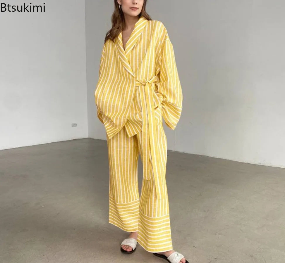 Women's Two-piece Set  Autumn New Striped Long-sleeved Loose Lace-up Top High-waisted Trousers Fashion Casual Suit for Women
