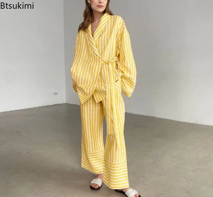 Women's Two-piece Set  Autumn New Striped Long-sleeved Loose Lace-up Top High-waisted Trousers Fashion Casual Suit for Women
